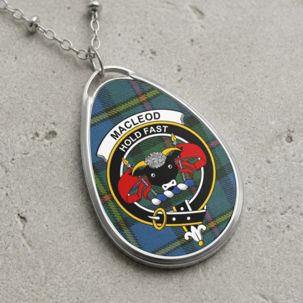 Macleod Hold Fast tartan oval pendant necklace with a ram's head crest.