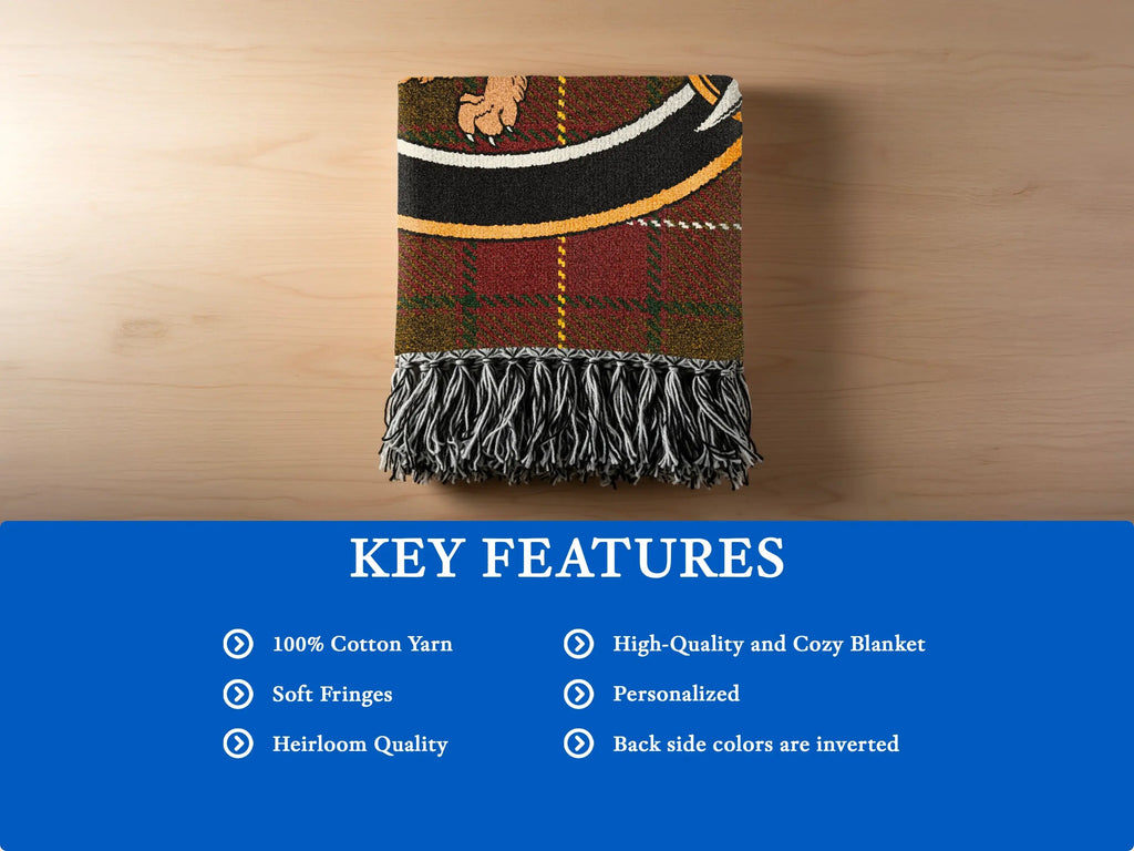 MacFie clan tartan woven blanket fringe close-up — cotton yarn texture and weave detail