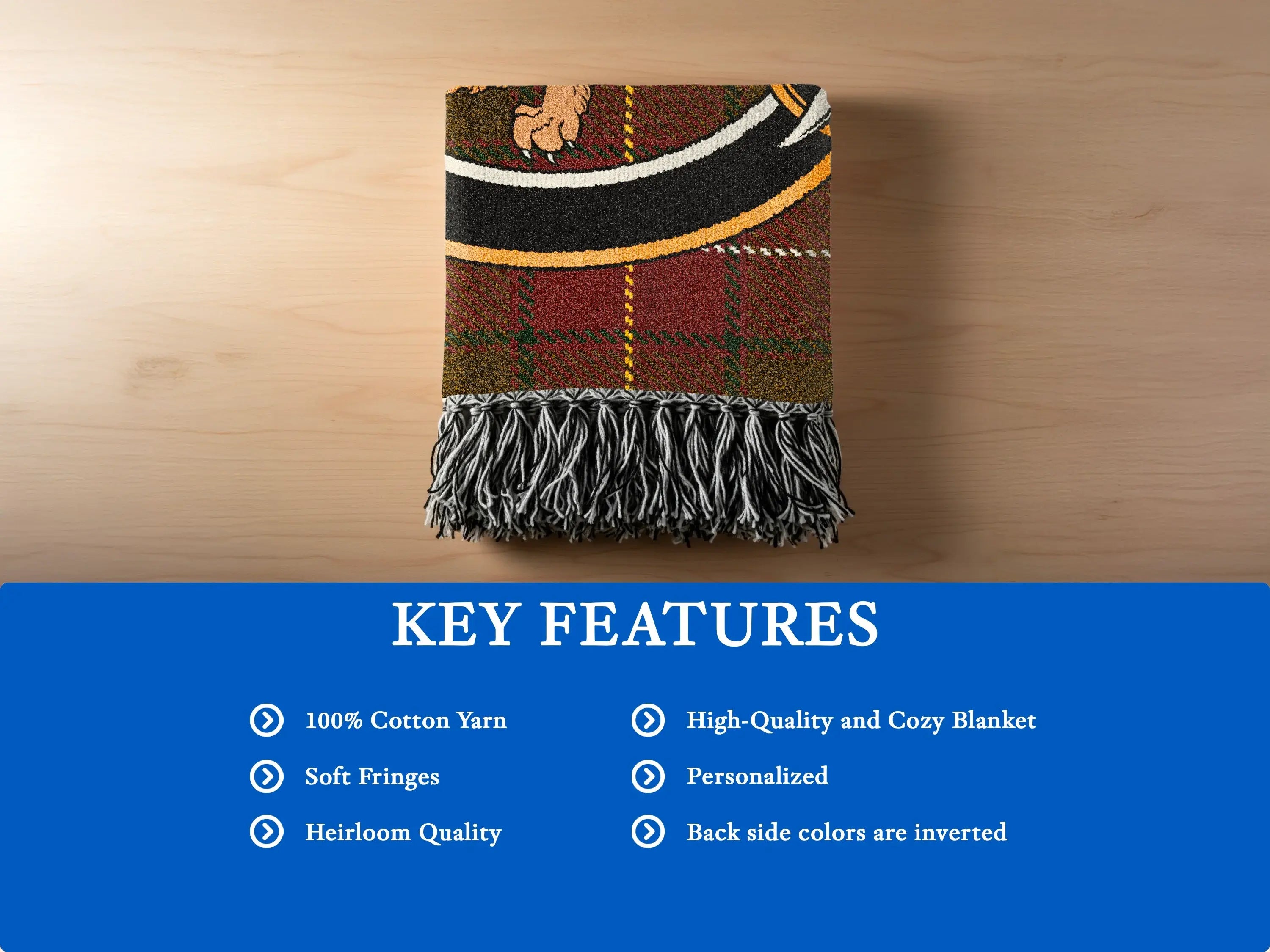 MacFie clan tartan woven blanket fringe close-up — cotton yarn texture and weave detail