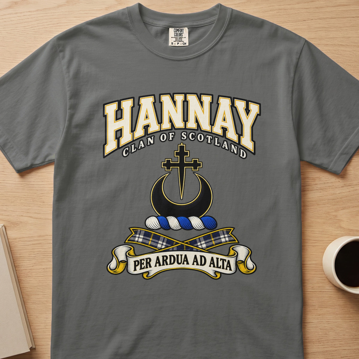 Hannay outlined cross and crescent crest graphic on a charcoal gray Comfort Colors T-shirt, front view