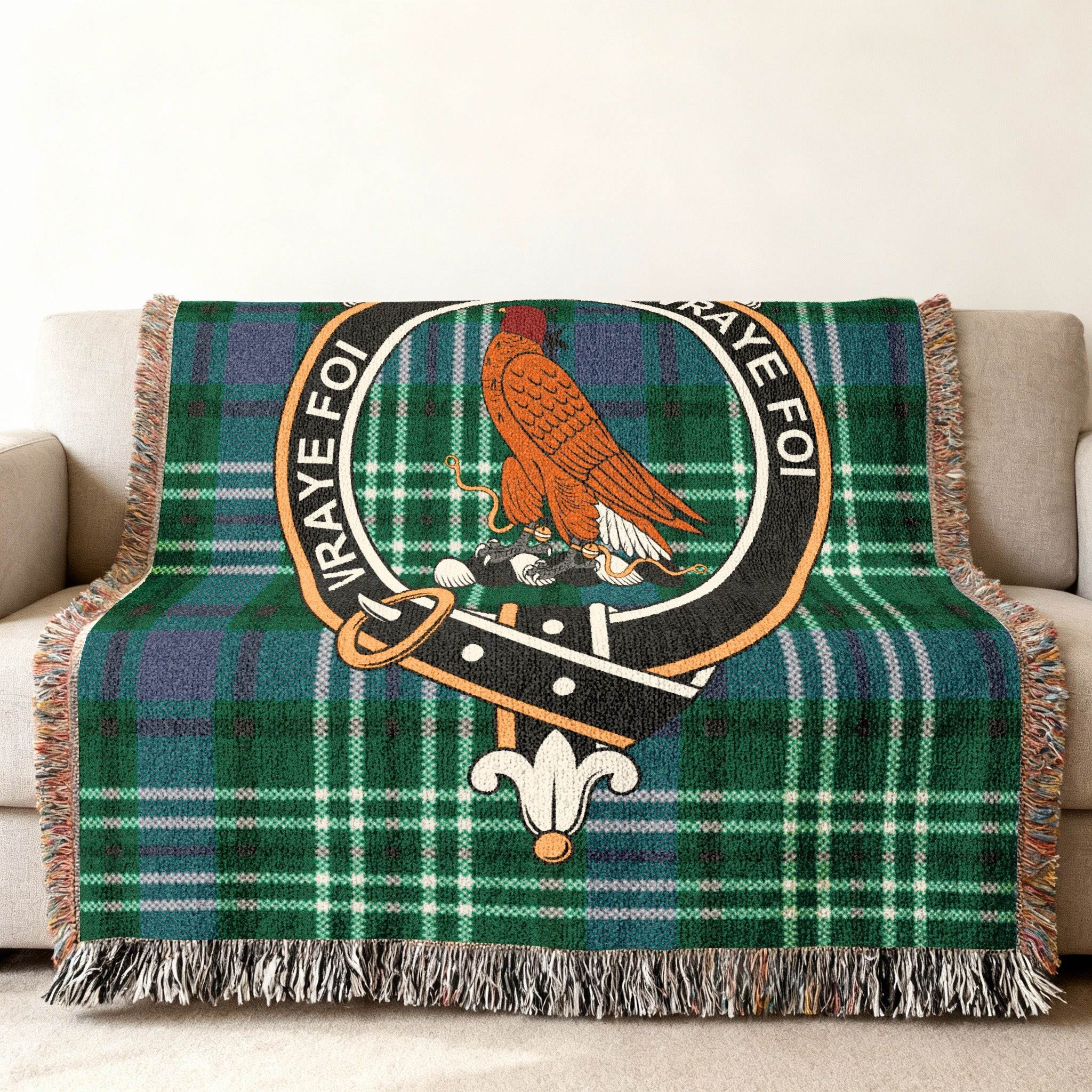 Boswell vraye foi plaid with hawk woven blanket — fringe edge detail
