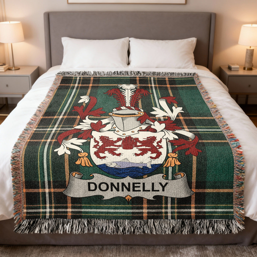 Donnelly Irish heritage woven blanket with family crest emblem