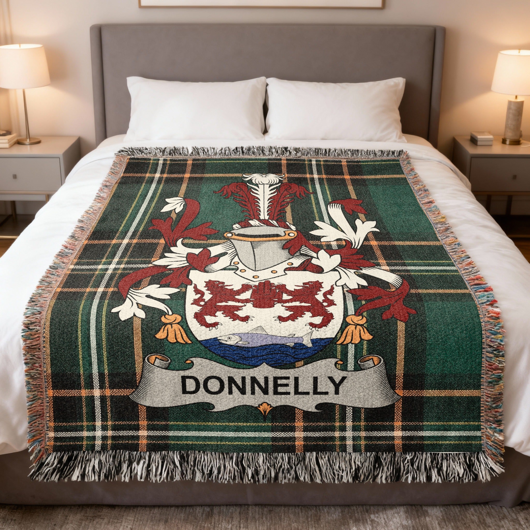 Donnelly Irish heritage woven blanket with family crest emblem