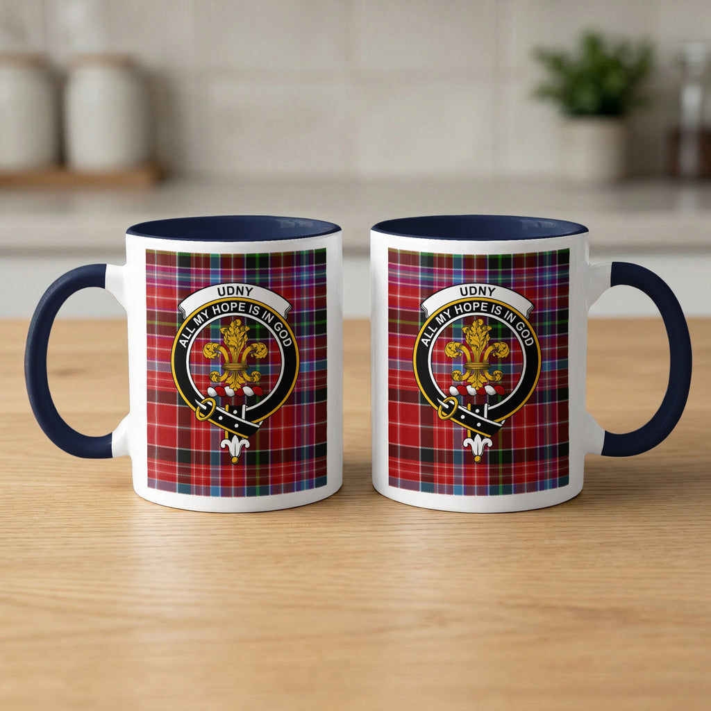 Pair of Udny Scottish family crest 11 oz mugs with navy accents and a tartan background
