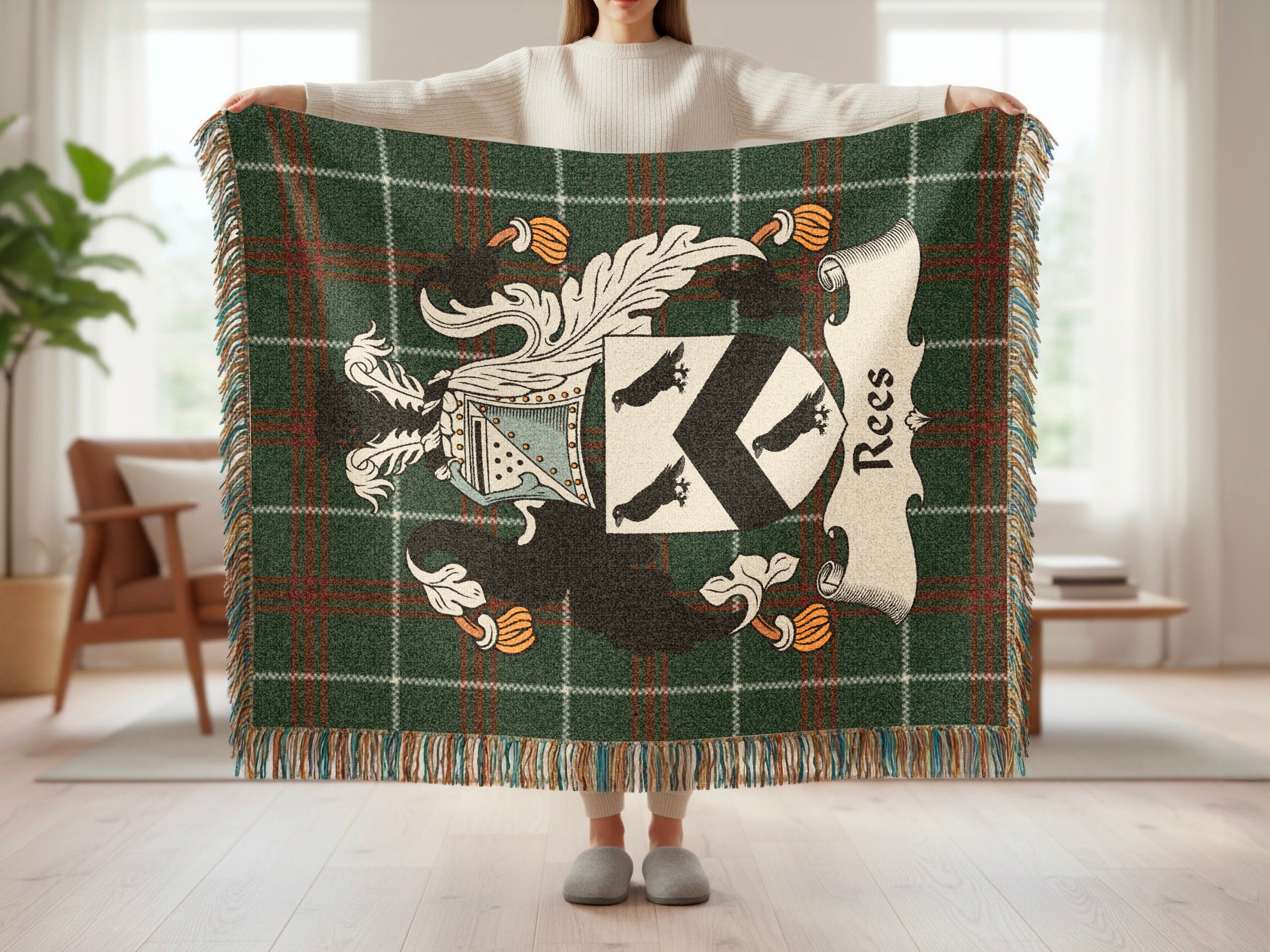 Green plaid throw blanket featuring the Rees family crest.