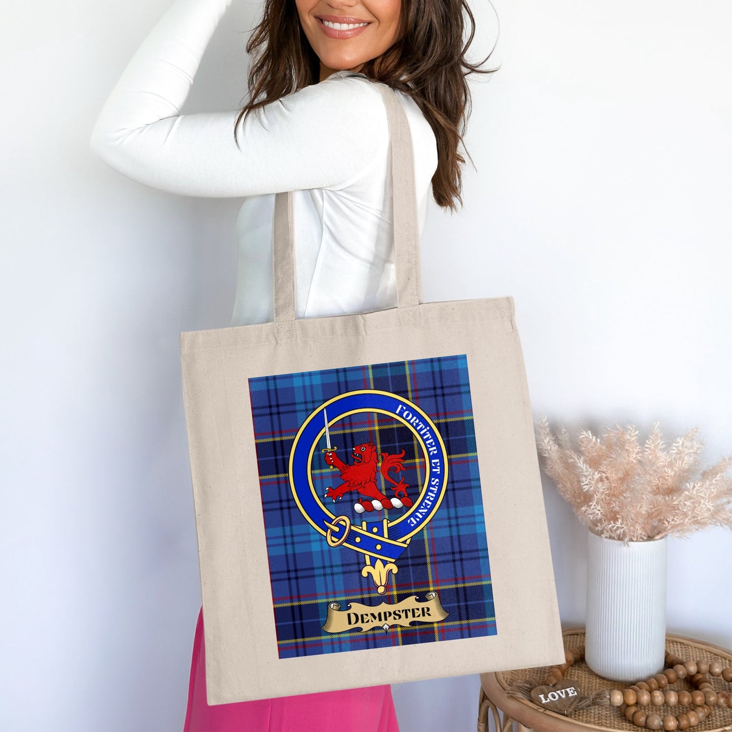 Dempster traditional scottish tartan crest Tote Bag - Living Stone Gifts