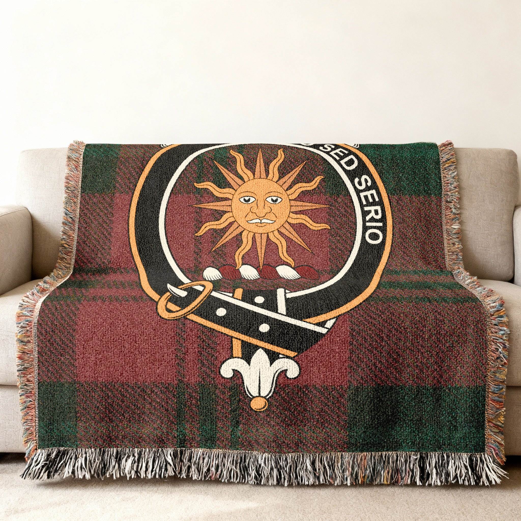 Kerr clan crest tartan blanket with sun and plaid design — woven cotton throw