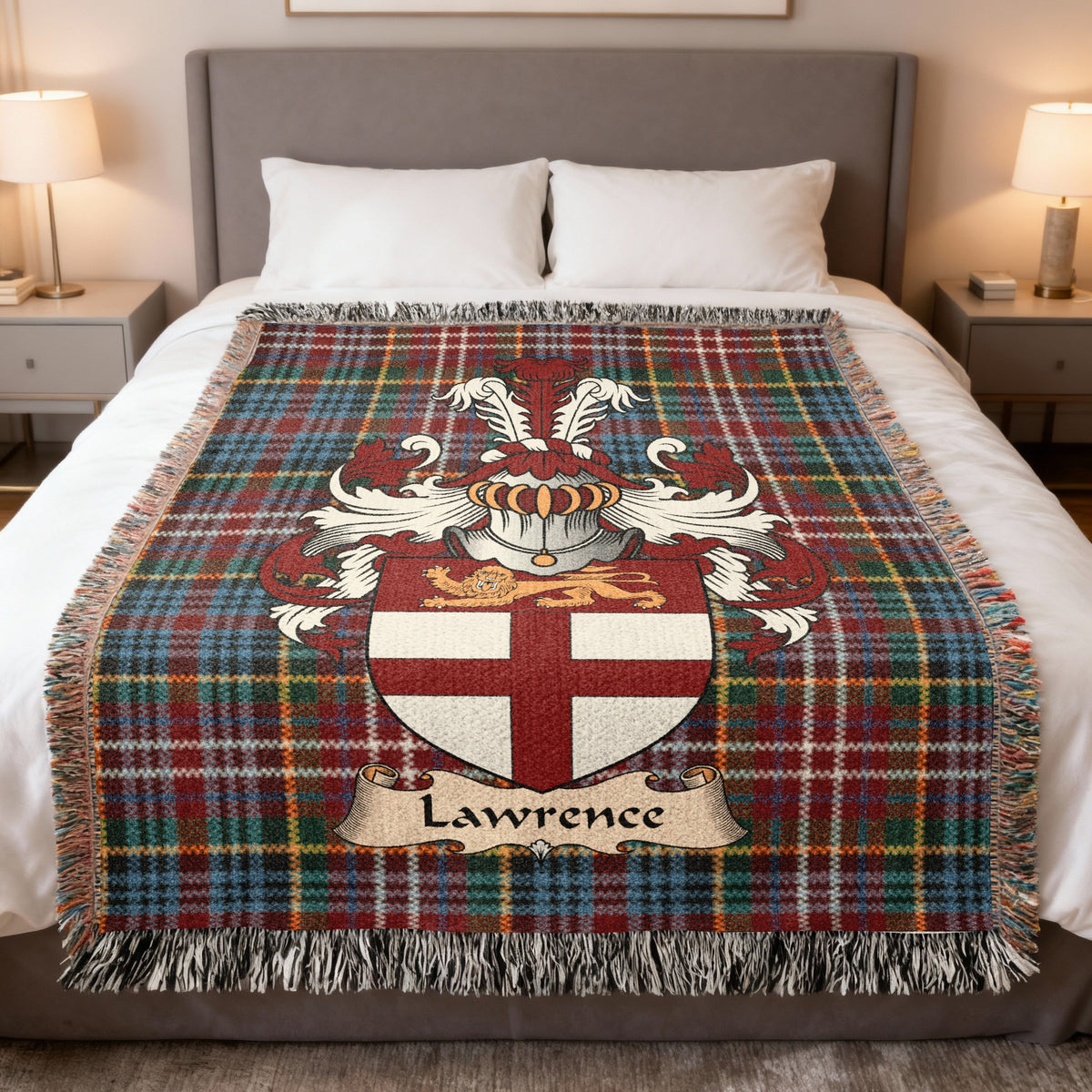 Lawrence Caledonia tartan heritage woven throw blanket with family shield