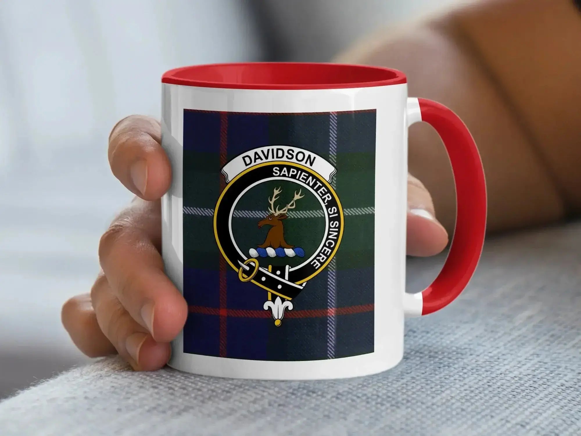 Davidson clan tartan 15oz accent mug — navy handle and interior, full crest on white ceramic