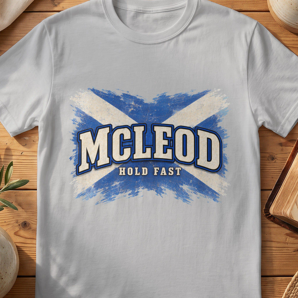 McLeod Scottish Saltire T-shirt in Sport Grey, with distressed blue and cream flag and “Hold Fast” lettering.