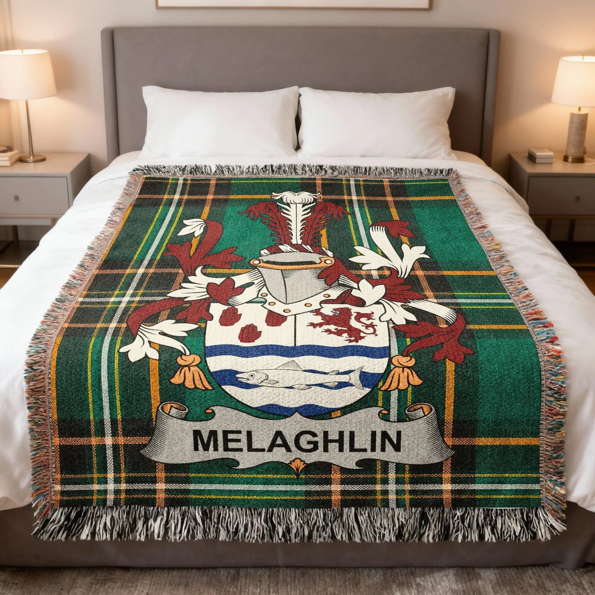 Melaughlin tartan blanket draped on a bed with a family crest.