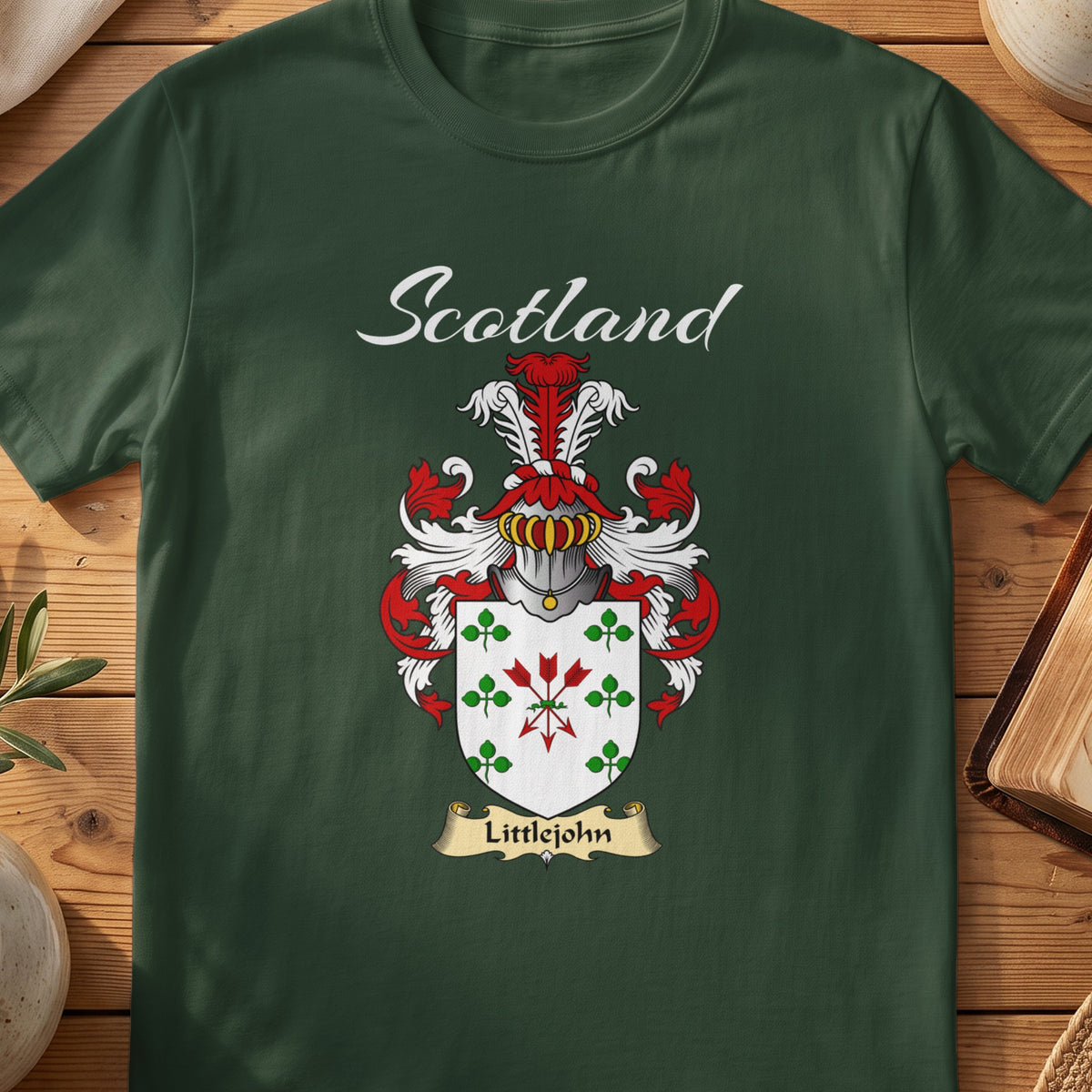 Forest Green Littlejohn Scottish T-shirt featuring green clover motifs and red diamond details