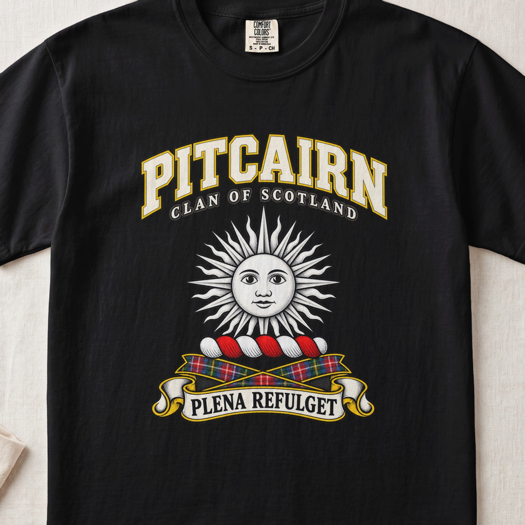 Pitcairn Scottish clan T-shirt in Black, front view with a silver sun with a face and motto design.