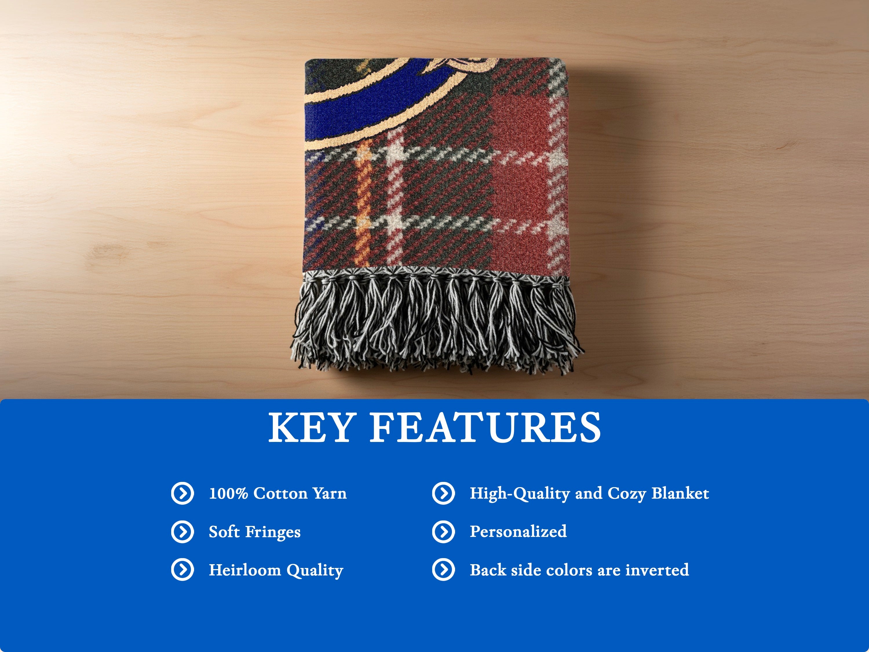 Christie woven blanket detail — 100% cotton yarn, soft fringe edges, heirloom quality