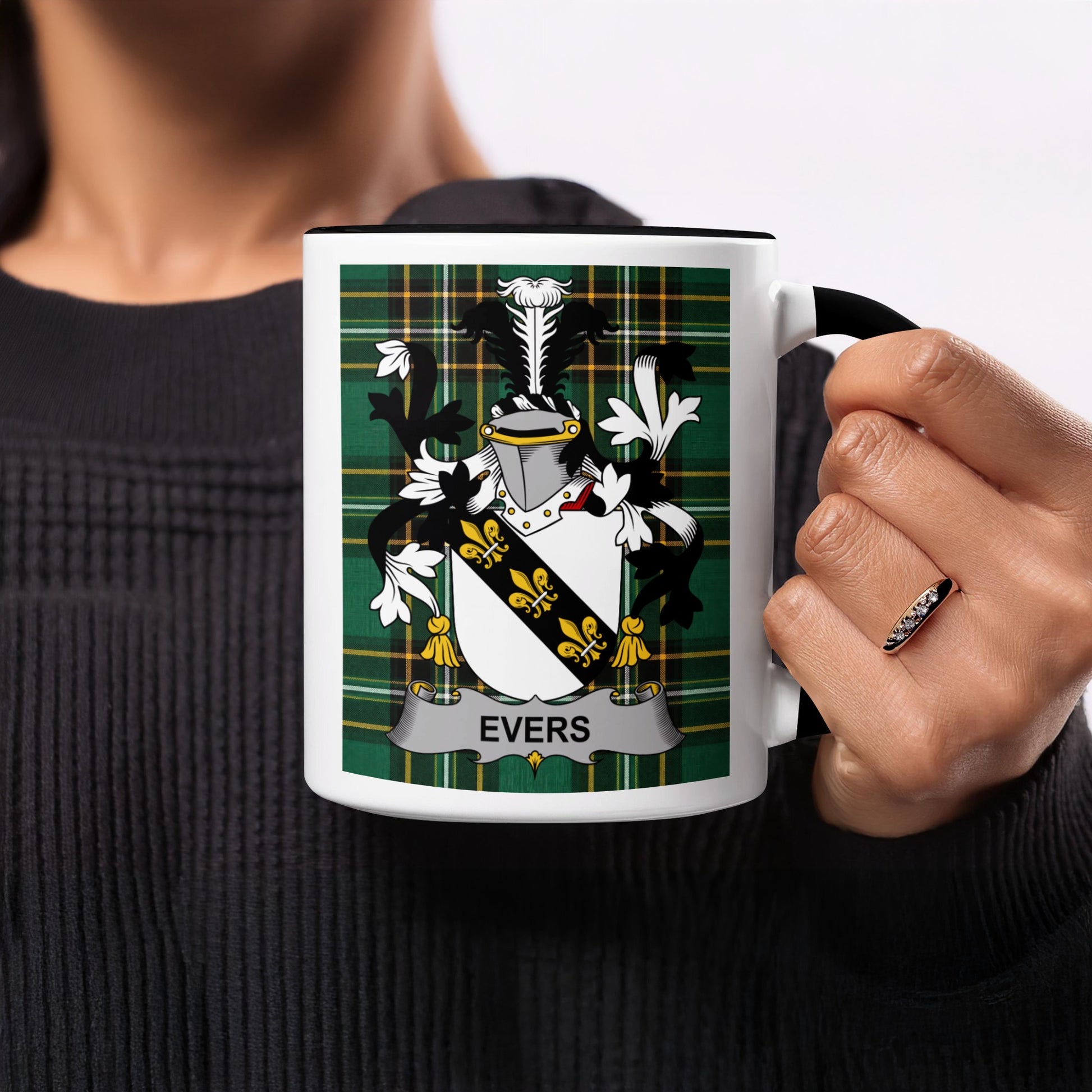 Mug with Evers family crest on tartan background.