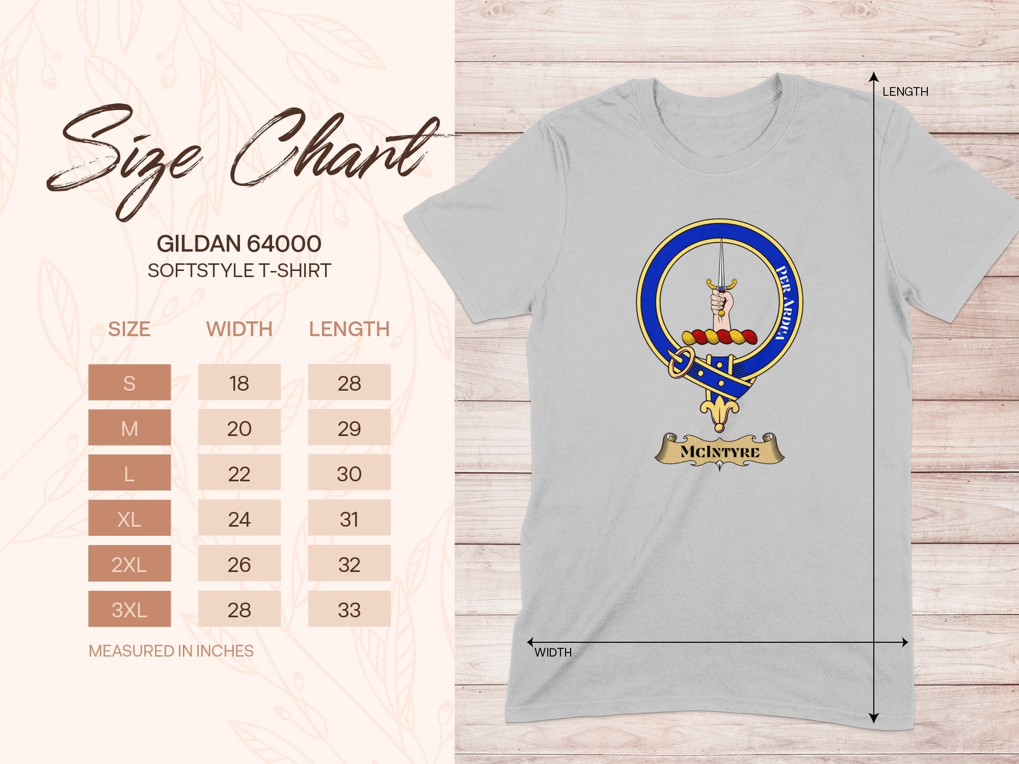 Gildan 64000 size chart for McIntyre Scottish clan crest T-shirt