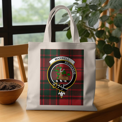 Scottish Clan Maxwell Crest on Red Tartan Tote Bag - Living Stone Gifts