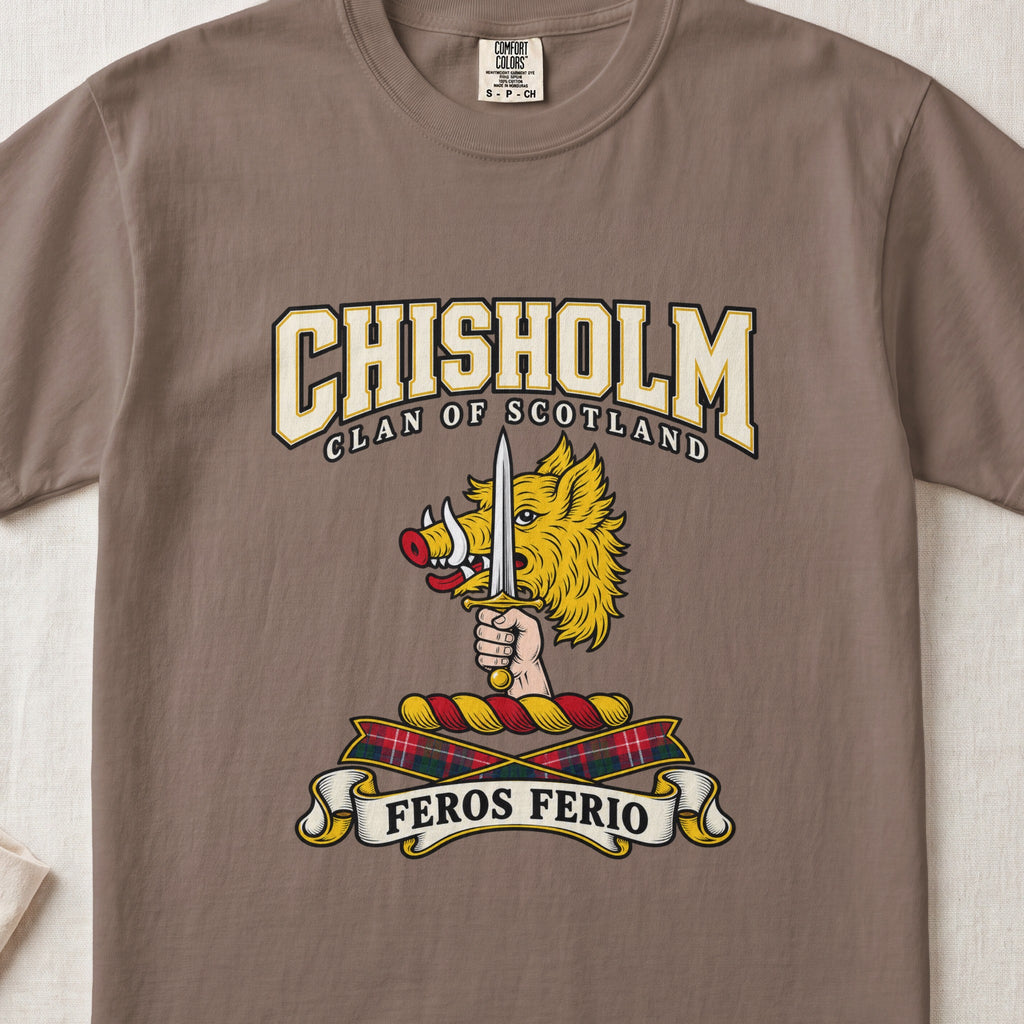 Chisholm Scottish clan graphic T-shirt in Espresso, front view