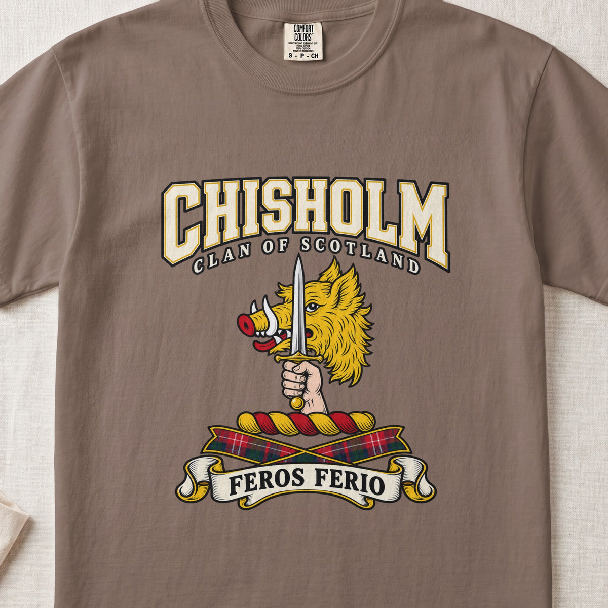 Chisholm Scottish clan graphic T-shirt in Espresso, front view