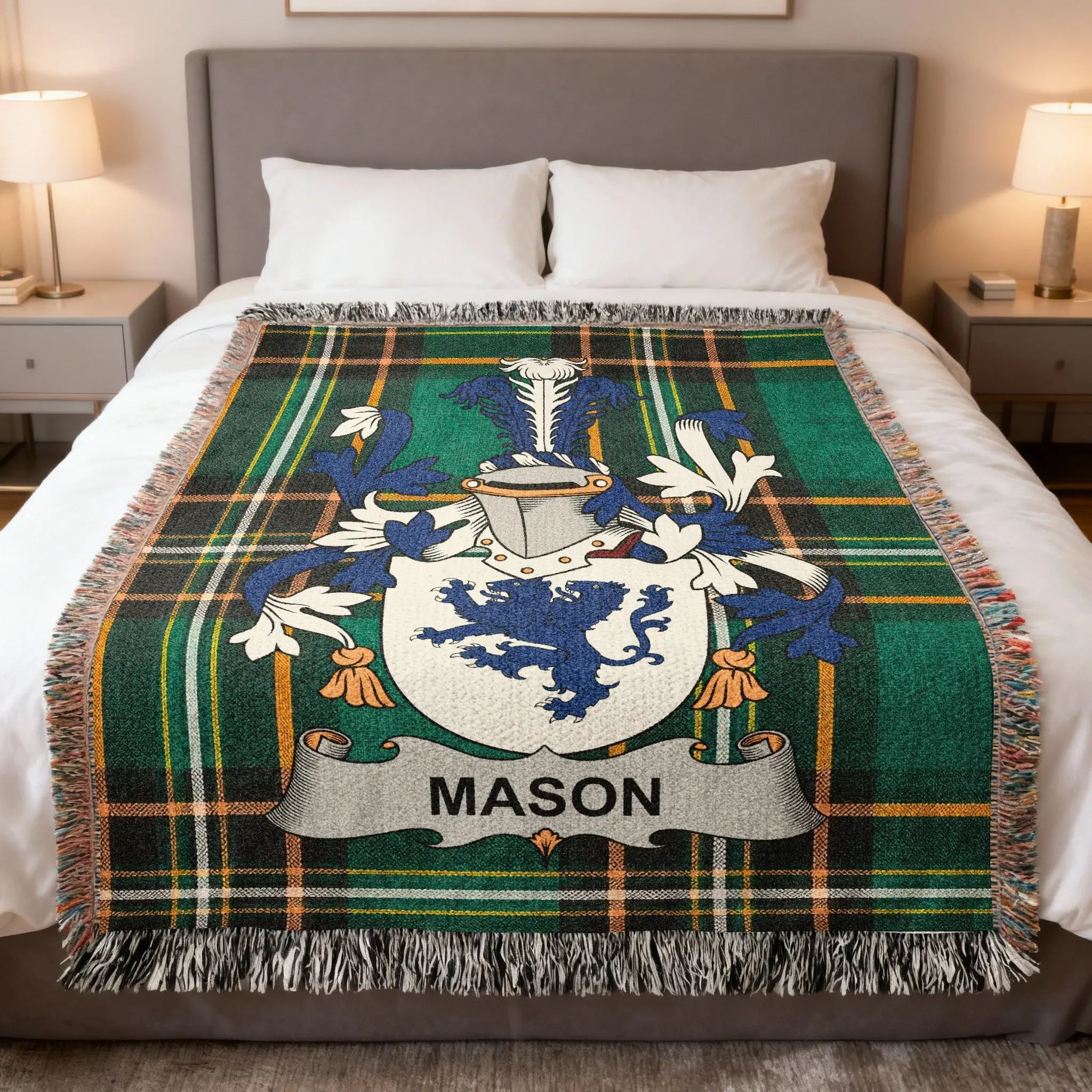 Tartan blanket with a blue lion crest and the name "MASON".