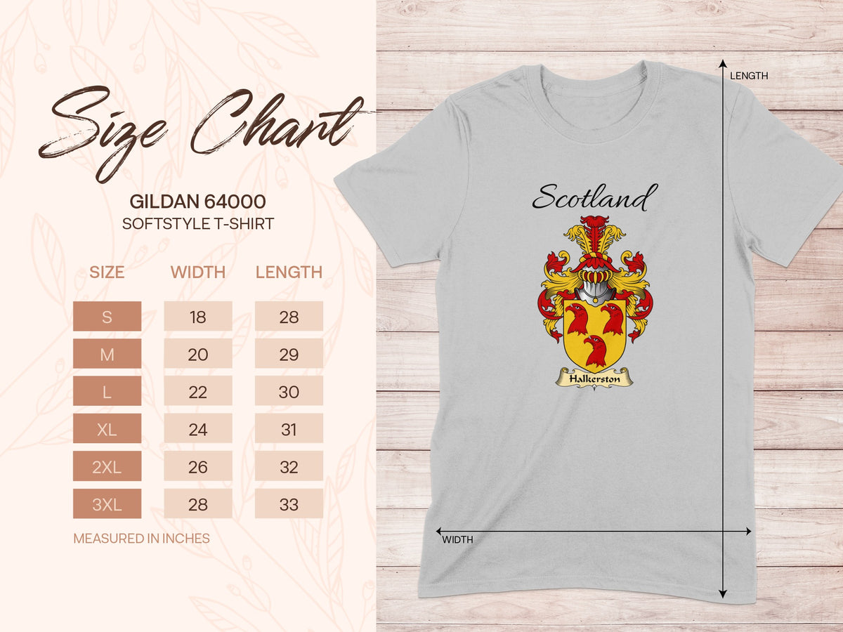 Gildan 64000 size chart for the Halkerston unisex T-shirt, sizes S to 3XL