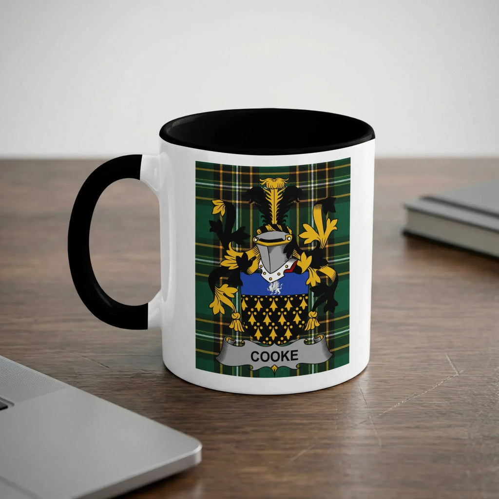 White mug with black rim displaying a family crest and the name "COOKE".