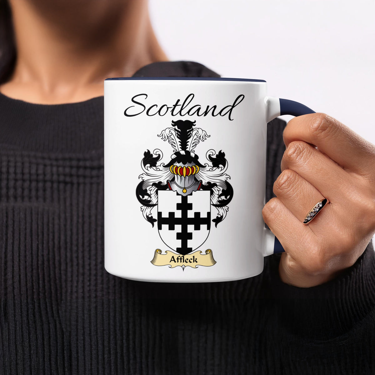 Red-accent Affleck Scottish family crest mugs with Scotland above the heraldic shield