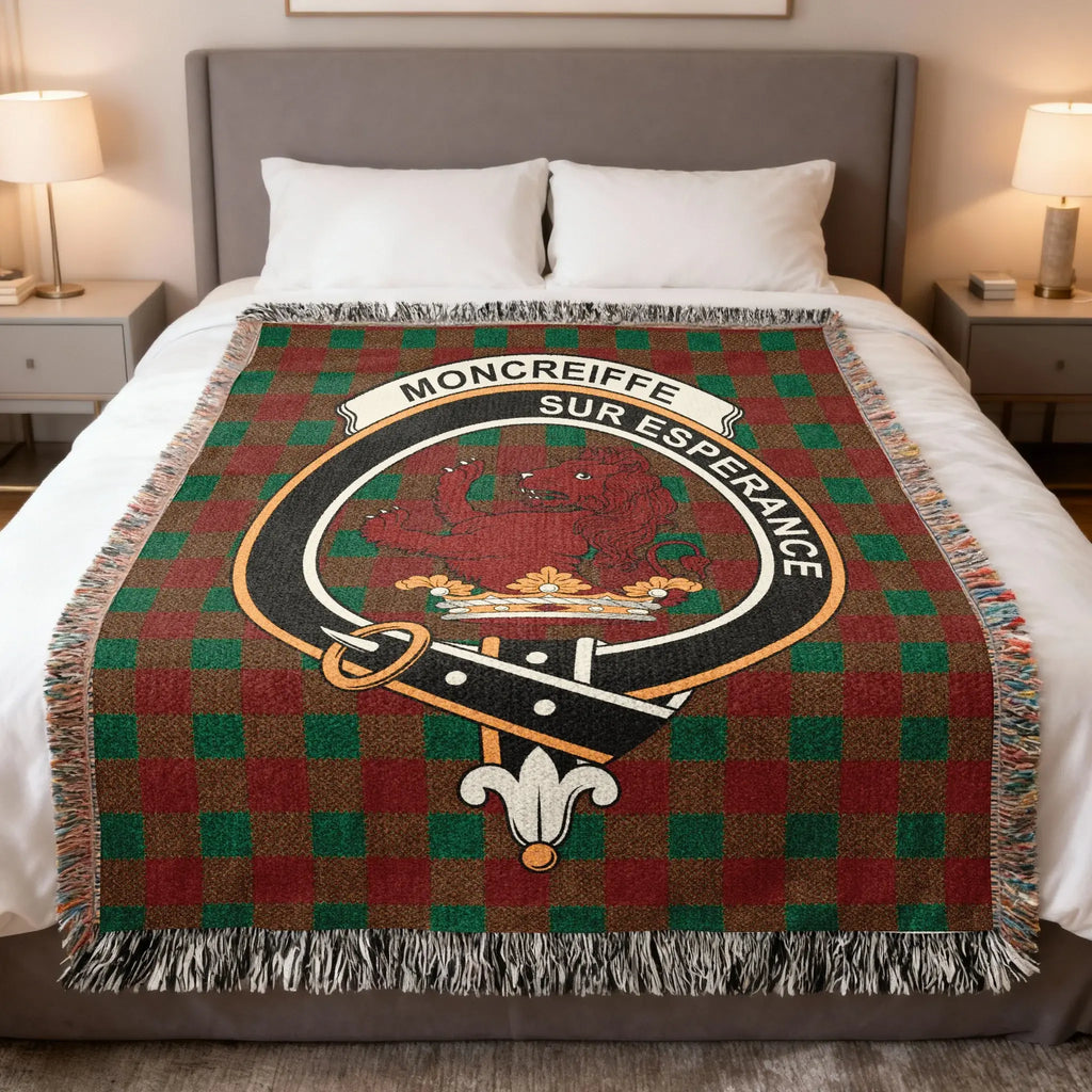 Clan Moncreiffe Sur Esperance tartan woven blanket — red and green clan colours in 100% cotton heirloom throw