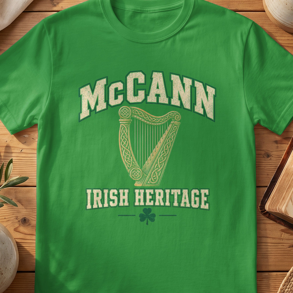 McCann Irish Heritage green Gildan 64000 T-shirt with Celtic harp design