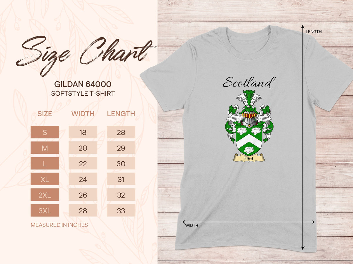 Gildan 64000 size chart for the Flint unisex T-shirt, sizes S to 3XL