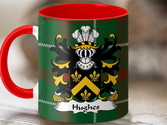 Hughes Surname Coat of Arms on Tartan Background Mug - Living Stone Gifts