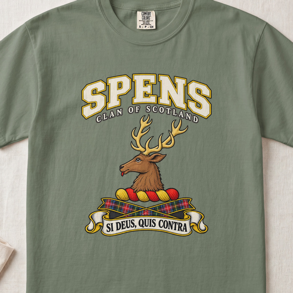 Spens Scottish clan T-shirt in Moss, front view with a brown stag head with gold antlers and motto design.