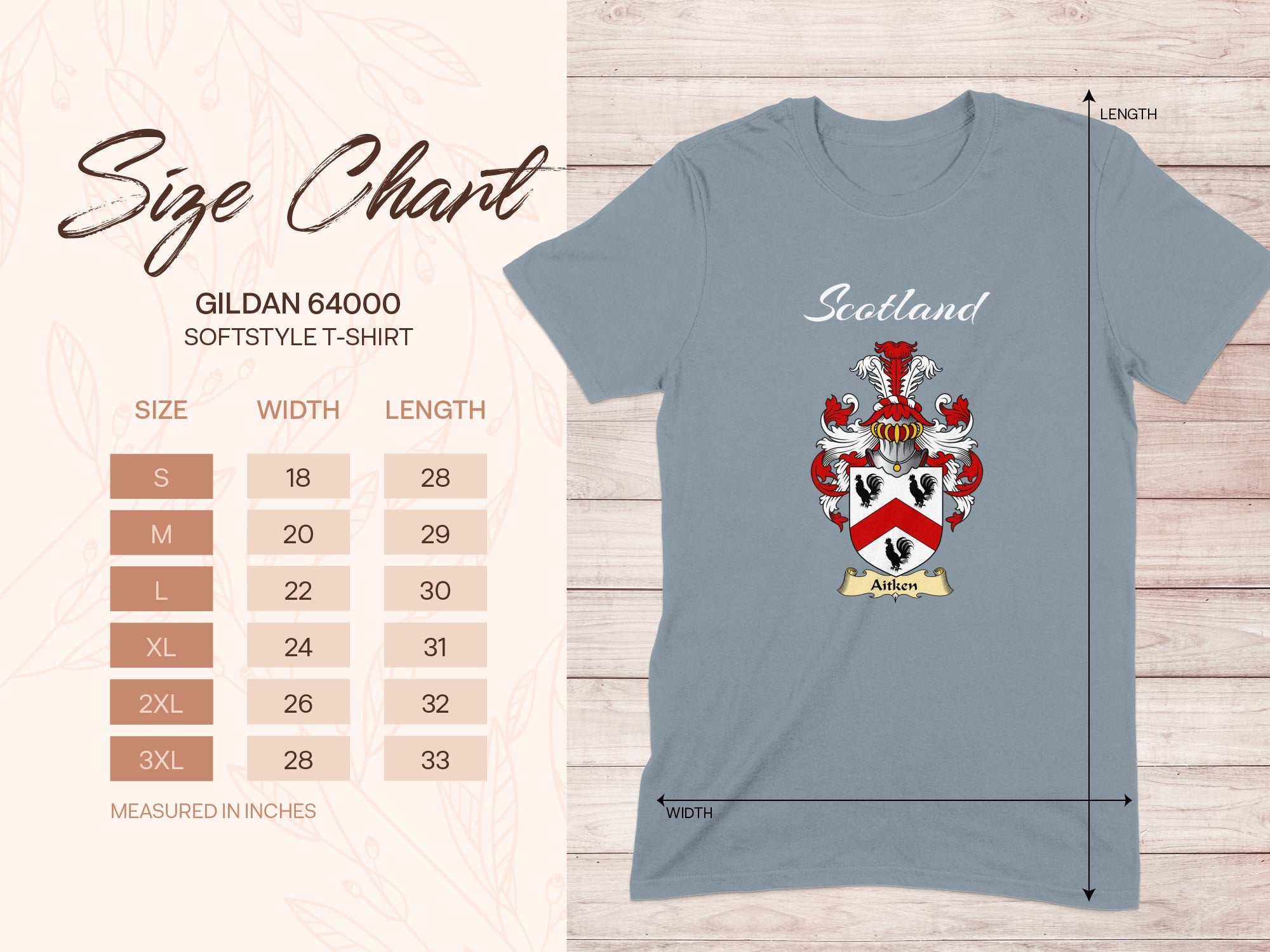 Gildan 64000 size chart for Aitken Scottish family shield T-shirt