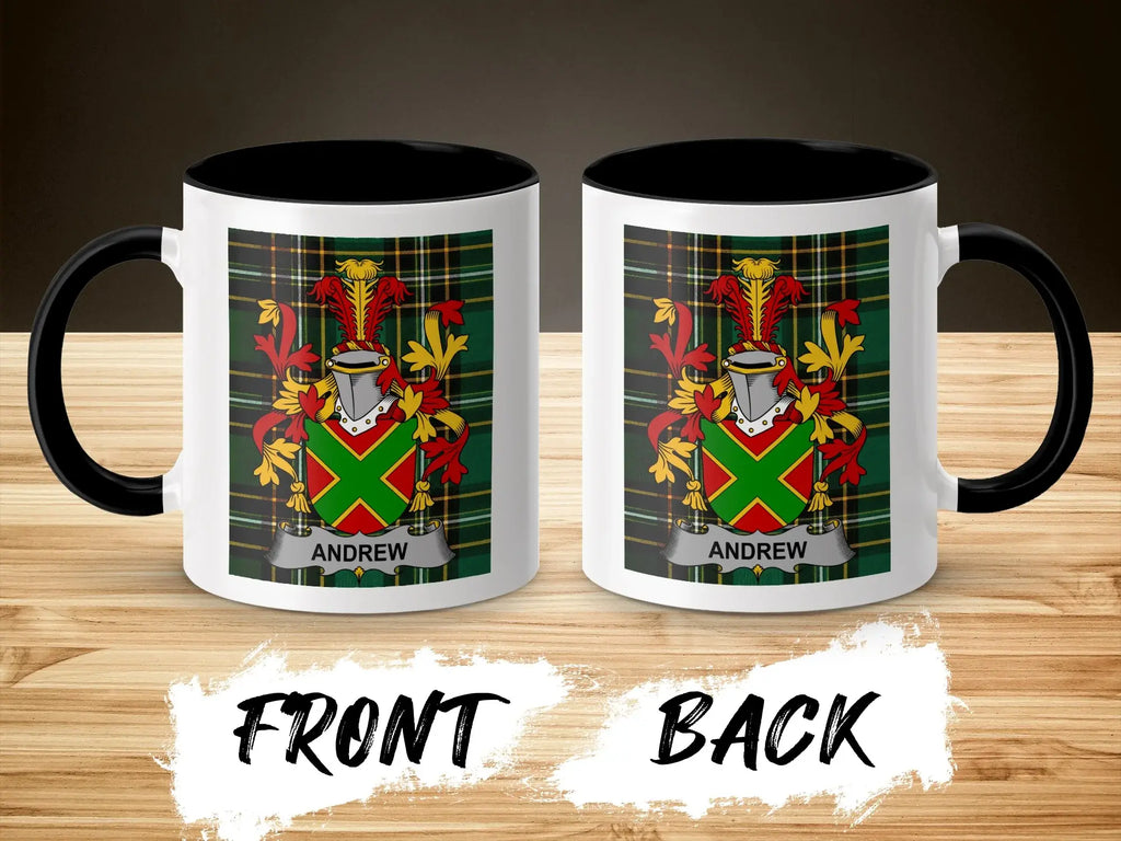 Two mugs with a plaid design and the name "Andrew" on a wooden surface.