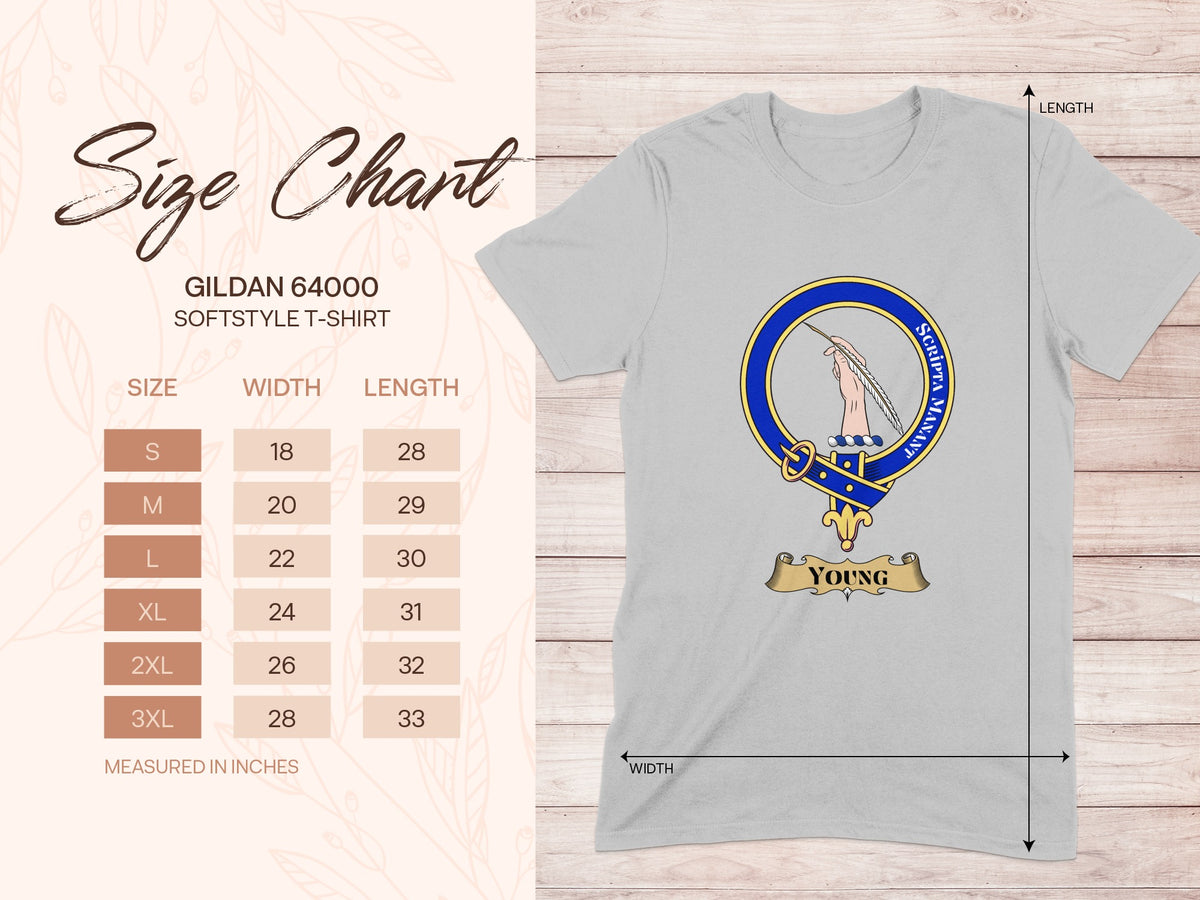 Gildan 64000 size chart for Young Scottish clan crest T-shirt