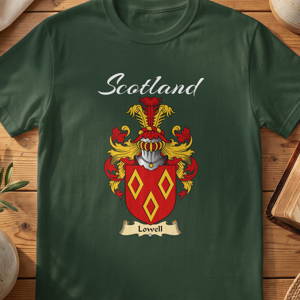 Forest Green Lowell Scottish T-shirt featuring three gold diamond outlines on red