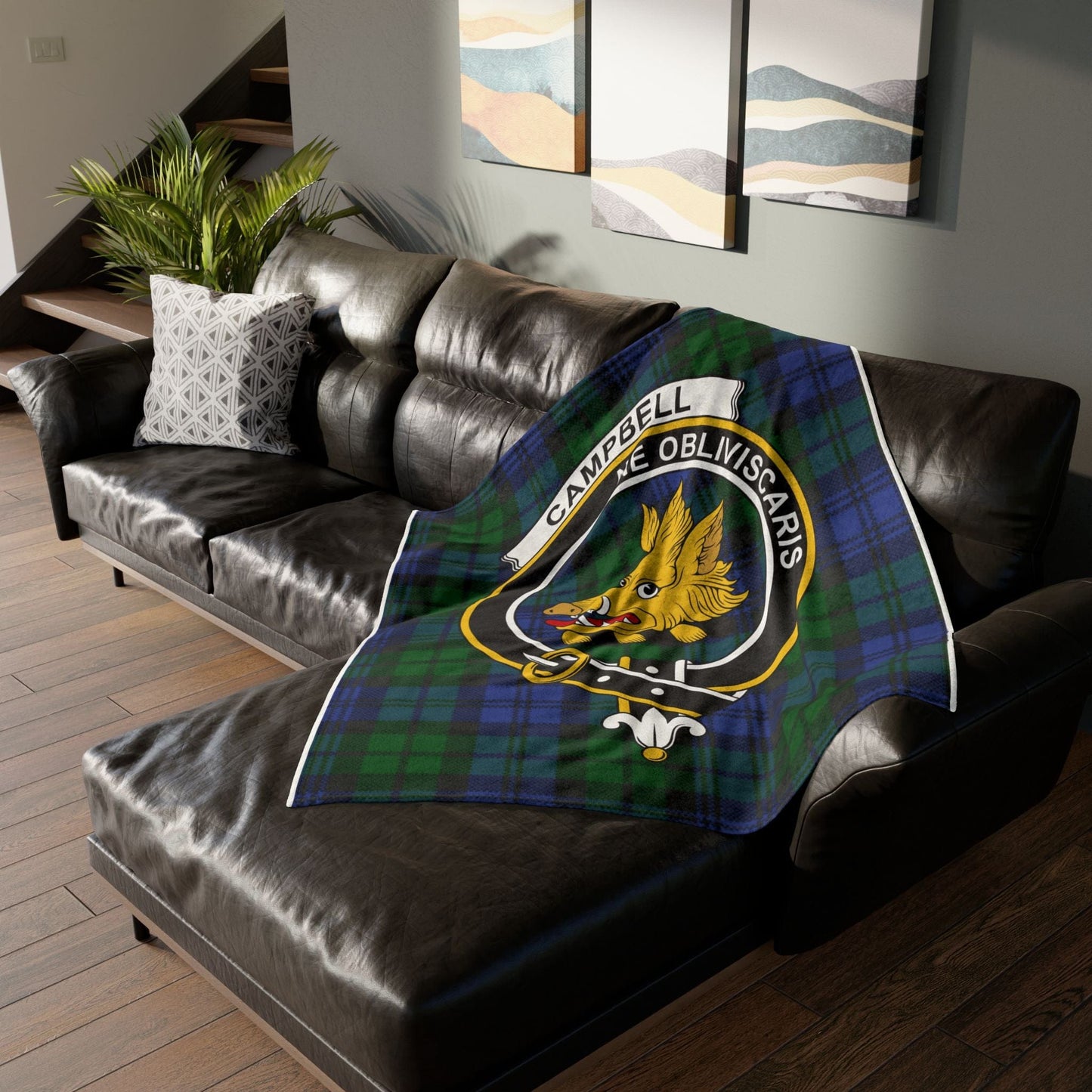 Home Decor 50" × 60" Clan Campbell Tartan Crest Blanket - Soft Tartan Fleece, 3 Sizes Available