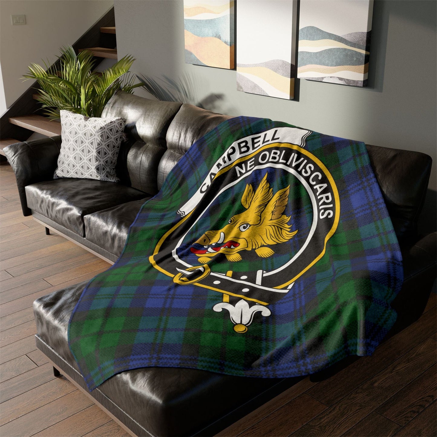 Home Decor 60" × 80" Clan Campbell Tartan Crest Blanket - Soft Tartan Fleece, 3 Sizes Available