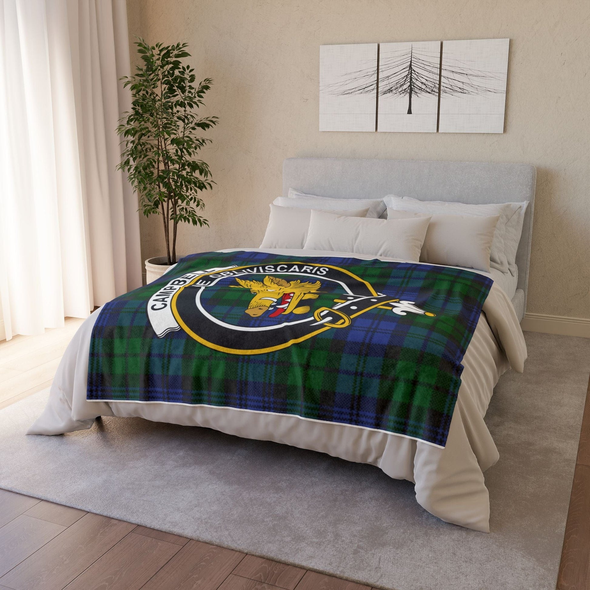 Home Decor Clan Campbell Tartan Crest Blanket - Soft Tartan Fleece, 3 Sizes Available