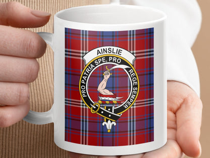 Physical Item 11oz / 11oz / White Ainslie Clan Scottish Tartan Crest Mug