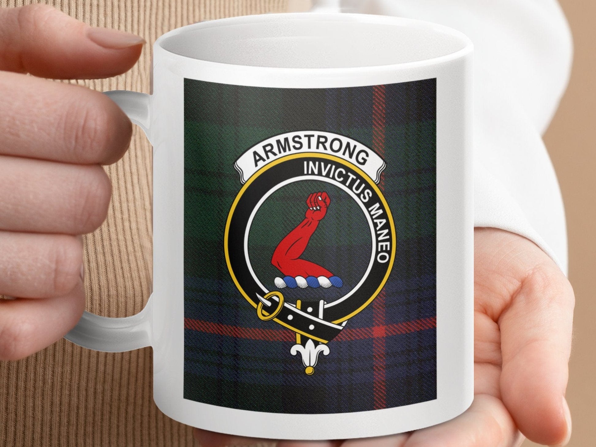 Physical Item 11oz / 11oz / White Armstrong Clan Scottish Tartan Crest Mug