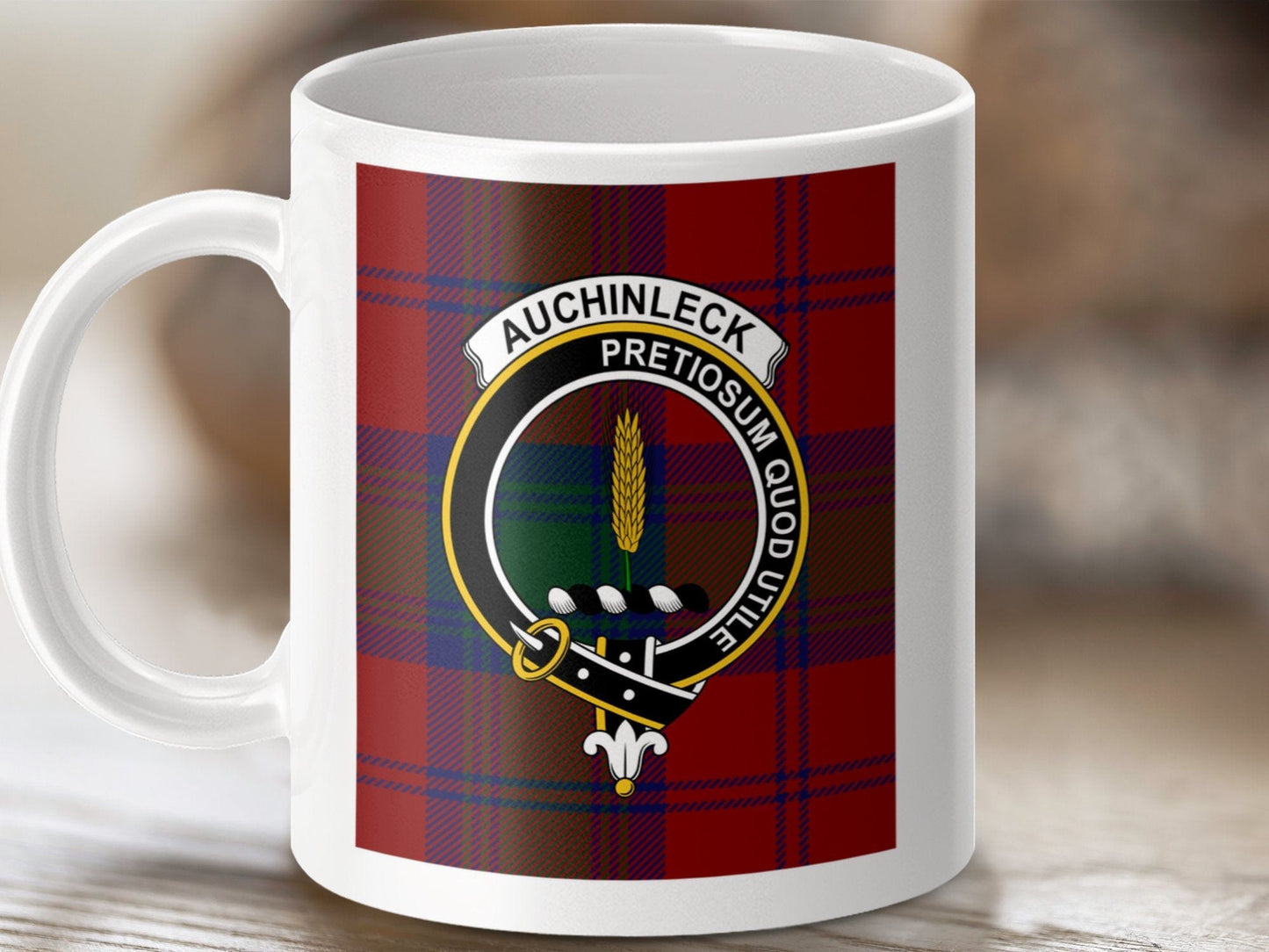 Physical Item 11oz / 11oz / White Auchinleck Clan Pretiosum Quod Utile Tartan Mug