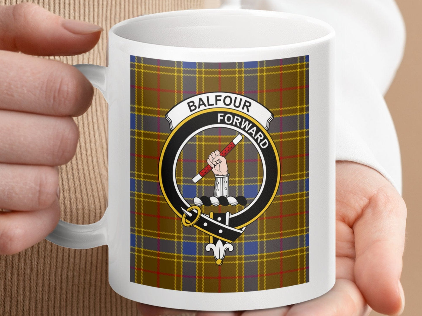 Physical Item 11oz / 11oz / White Balfour Forward Scottish Clan Tartan Crest Mug