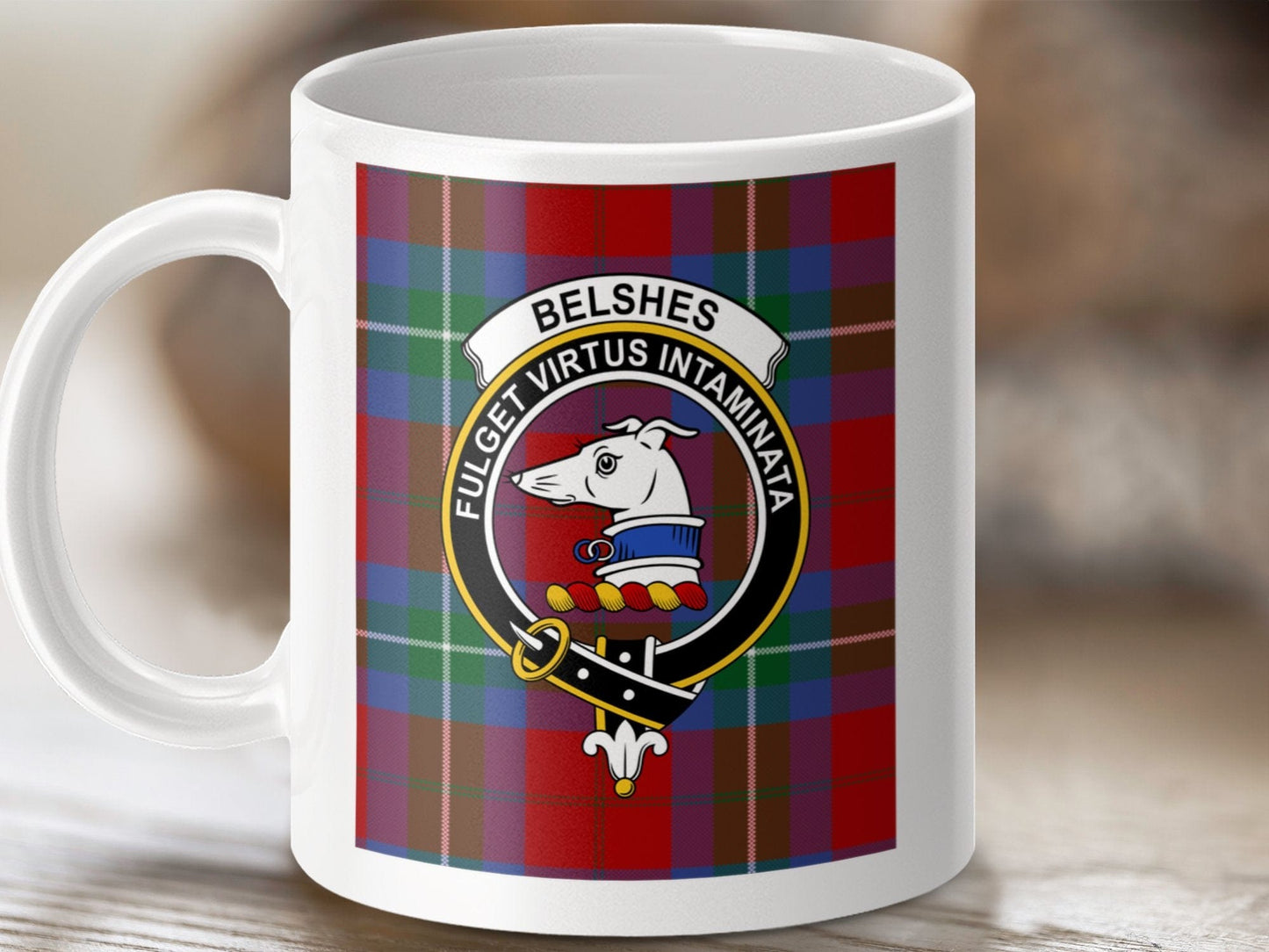 Physical Item 11oz / 11oz / White Belshes Clan Scottish Tartan Crest Mug