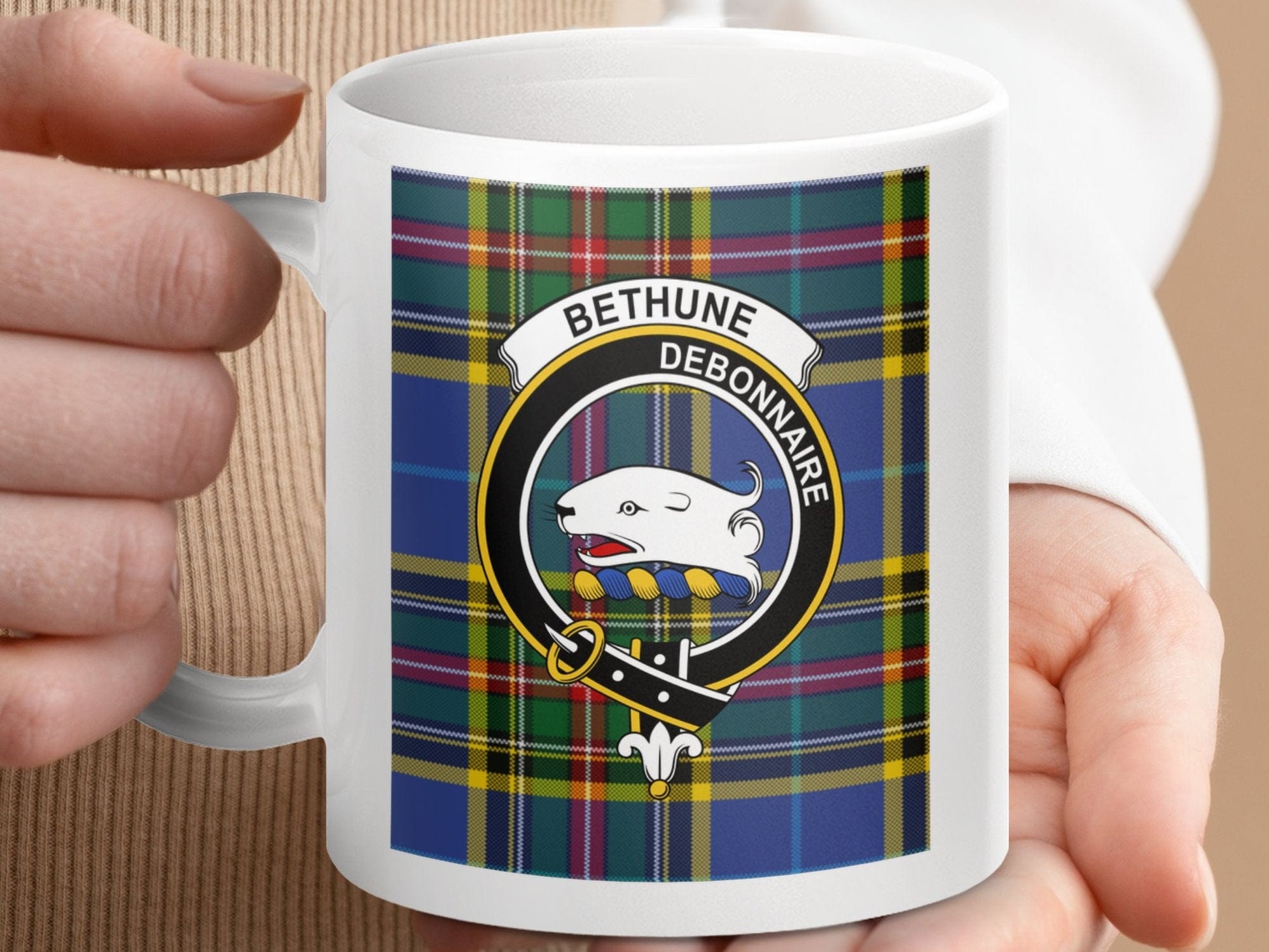 Physical Item 11oz / 11oz / White Bethune Clan Scottish Tartan Crest Mug