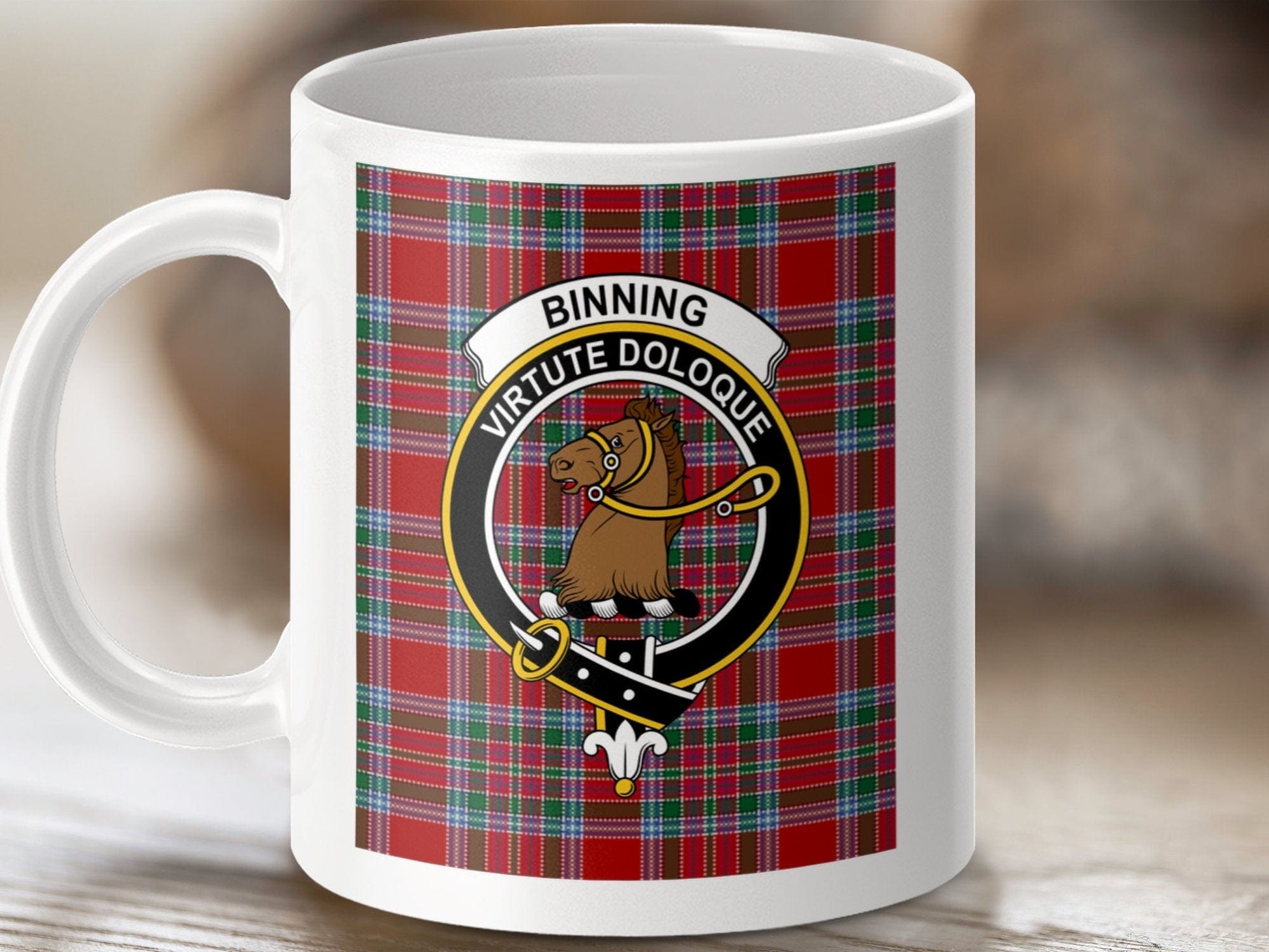 Physical Item 11oz / 11oz / White Binning Clan Scottish Tartan Crest Mug