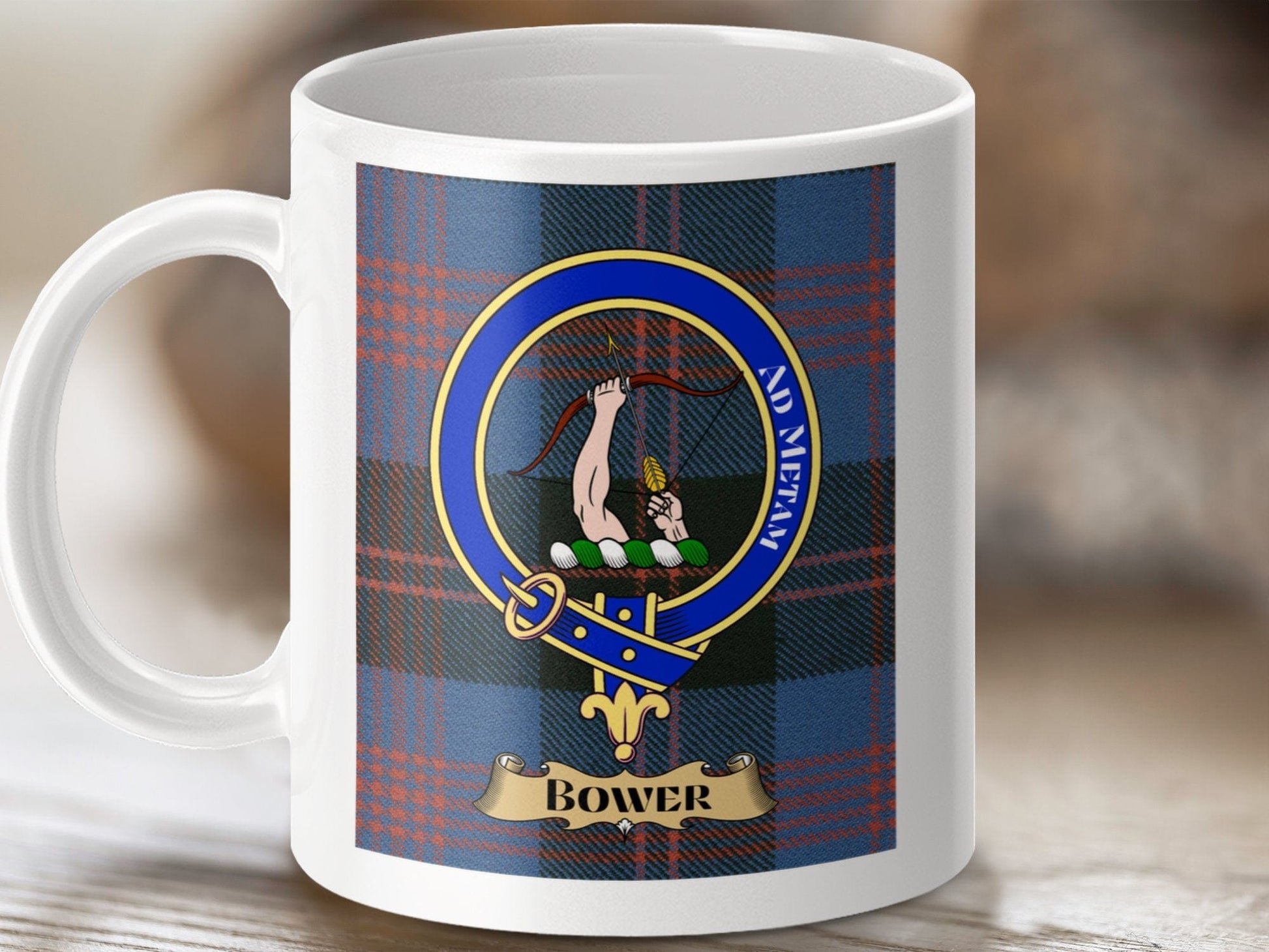 Physical Item 11oz / 11oz / White Bower Clan Scottish Tartan Crest mug