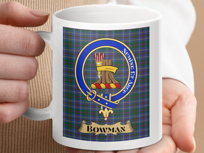 Physical Item 11oz / 11oz / White Bowman Clan Scottish Tartan Crest Mug