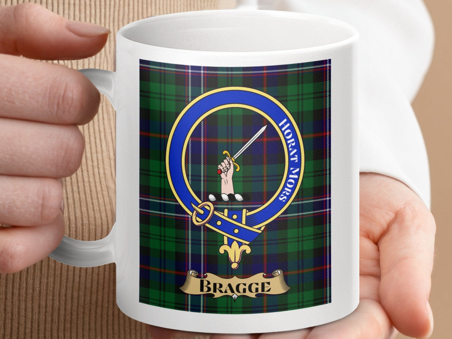 Physical Item 11oz / 11oz / White Bragge Clan Scottish Tartan Crest Mug