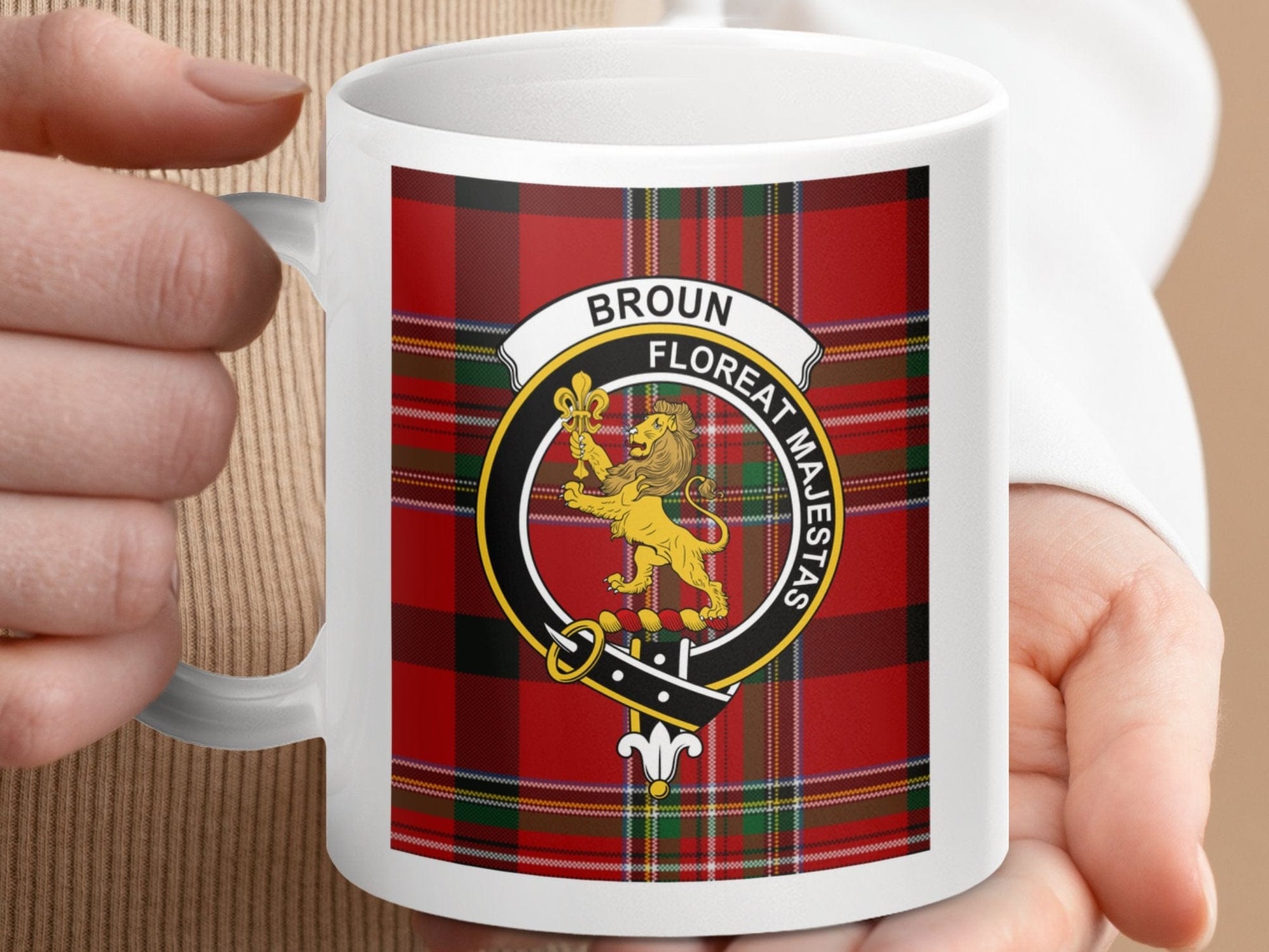 Physical Item 11oz / 11oz / White Broun Clan Scottish Tartan Crest Mug